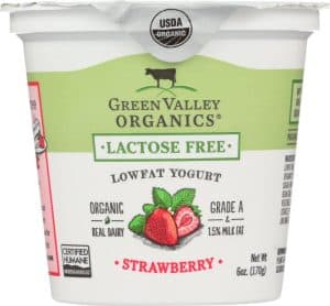 Lactose free strawberry yogurt in Green Valley Organic container.