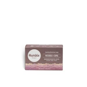 Humble Patchouli and Copal handcrafted bar soap in purple packaging.
