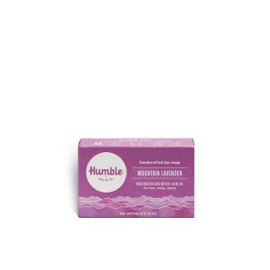 Humble Mountain Lavender handcrafted bar soap in purple packaging.