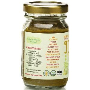 Organic Green Thai Curry Paste in glass jar with ingredients label.
