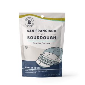 San Francisco sourdough starter culture packet with bread illustration.