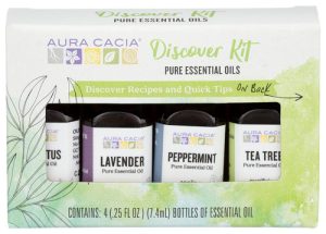 Aura Cacia essential oils kit with lavender, peppermint, and tea tree oils for wellness.