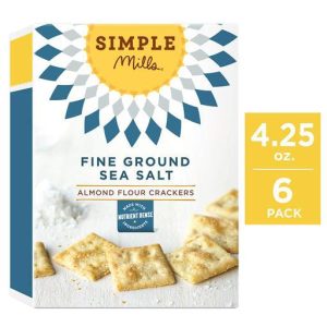 Healthy Roots almond flour crackers with sea salt, 6-pack, 4.25 oz each, gluten-free, nutritious.