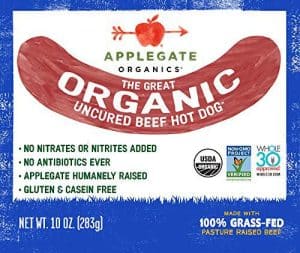 Healthy Roots organic uncured beef hot dog with labels and certifications.