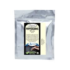Whole black peppercorns in a resealable bag for cooking and seasoning.