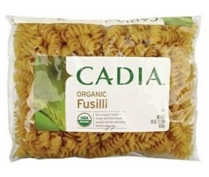 Cadia organic fusilli pasta in clear plastic bag for healthy cooking.