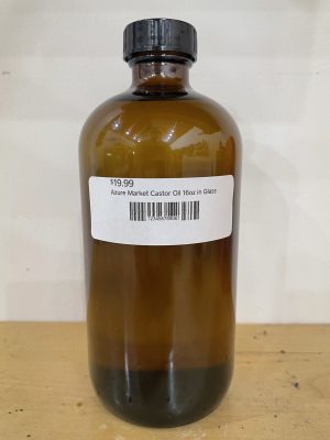 16oz glass bottle of Azure Market Castor Oil with label and black cap.
