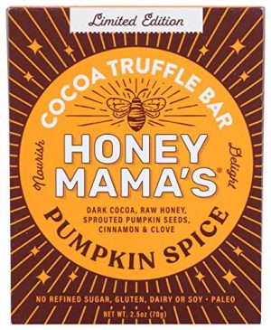 Limited edition Honey Mamas pumpkin spice cocoa truffle bar with pumpkin seeds and cinnamon.