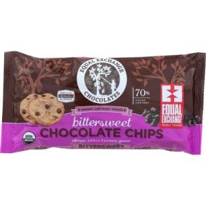 Bittersweet chocolate chips in a brown and purple package with logo and product info.