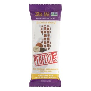 Healthy Roots Perfect Bar Hazelnut Crisp protein bar with chocolate and hazelnuts.
