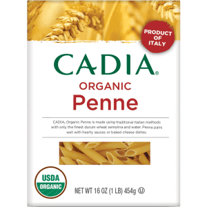 Organic penne pasta made with traditional Italian methods, USDA Organic certified, 16oz package.