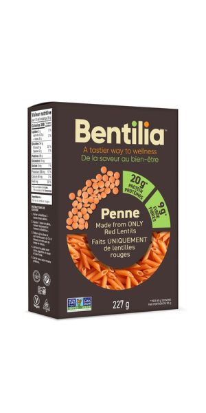 Red lentil penne pasta from Bentilia, gluten-free and high in protein.