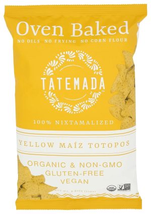 Organic yellow maize totopos in yellow bag, gluten-free, vegan, no oils or frying.