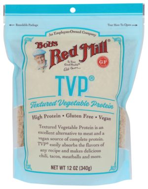 Bob's Red Mill TVP textured vegetable protein package for vegan cooking.