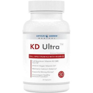 KD Ultra dietary supplement bottle with label details and white cap.