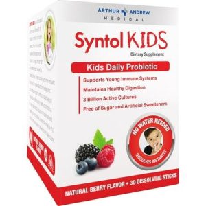 Syntol Kids probiotic box with berries and child image, supports immune health.
