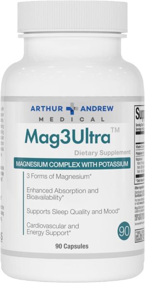 Mag3 Ultra magnesium supplement bottle with 90 capsules for health support.