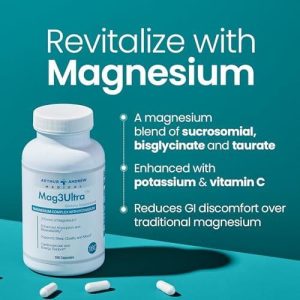 Magnesium supplement bottle with capsules for revitalization and health.
