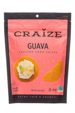 Healthy Roots Craize Guava Toasted Corn Crisps snack bag with product image.