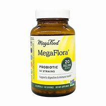 Probiotic supplement bottle with MegaFlora label for digestive health.
