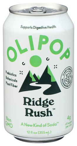 Olipop Ridge Rush soda can with mountain landscape design and health benefits.