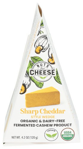 Organic dairy-free fermented cashew cheese wedge with sharp cheddar flavor.