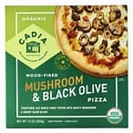Healthy Roots mushroom and black olive pizza on a green box.