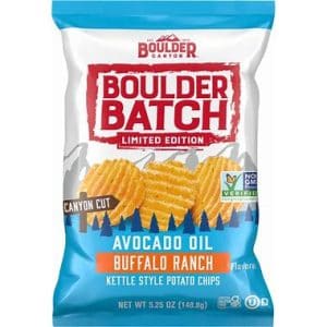 Boulder Batch Buffalo Ranch kettle style potato chips in bag.