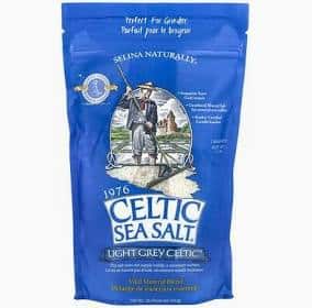 Celtic Sea Salt Light Grey Coarse Sea Salt in a blue bag for healthy cooking.