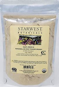 Organic marshmallow root powder in a clear resealable bag for herbal remedies.