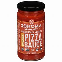 Vegan gluten-free Sonoma pizza sauce jar on a white background.