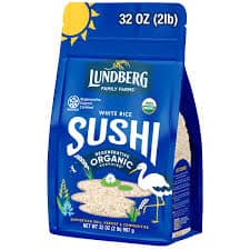 Lundberg sushi rice package with white rice and blue packaging.