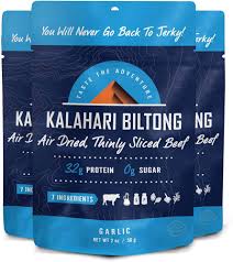 Kalahari Biltong garlic air dried thinly sliced beef for healthy snacking.