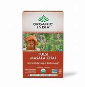 Organic India Tulsi Masala Chai tea box with herbs and spices.