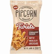 Pipcorn Twists Cinnamon Sugar snack bag with crispy twists and cinnamon sugar coating.