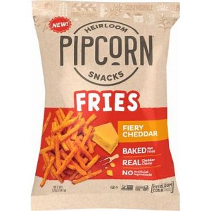 Pipcorn Fiery Cheddar crispy snack bag with cheese piece.
