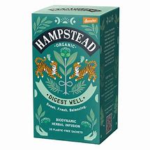 Hampstead Digest Well Biodynamic Herbal Tea packaging with herbal illustrations.