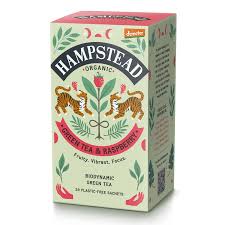 Hampstead organic green tea and raspberry box with natural design elements.
