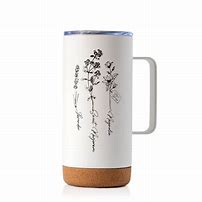White travel mug with plant-themed design and cork base for healthy lifestyle.