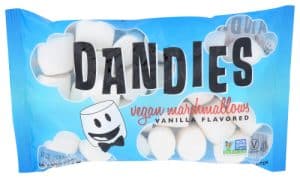 Vegan vanilla-flavored marshmallows in blue packaging with clouds and smiling marshmallow character.