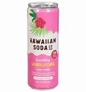 Hawaiian Soda Co Lilikoi Lychee can with tropical design and pink background.