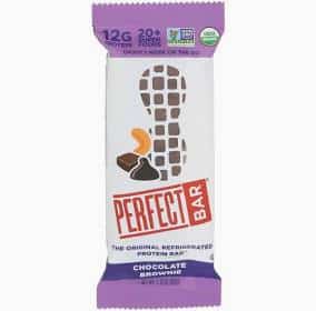 Chocolate brownie protein bar in purple wrapper with logo and ingredients info.