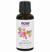 Pure geranium essential oil in a small dark glass bottle with a black cap.