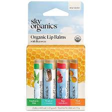 Assorted Sky Organics organic lip balms with natural ingredients and colorful packaging.