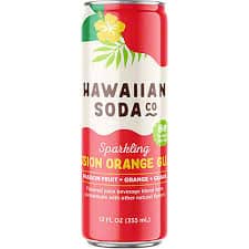 Sparkling orange guava soda can with tropical design and vibrant colors.