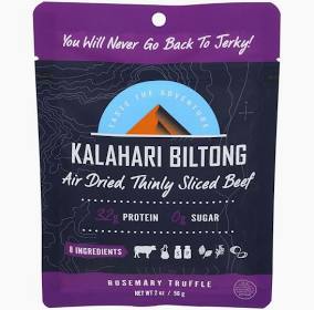 Healthy Roots Kalahari Biltong with rosemary and truffle flavor, air-dried thin sliced beef snack.