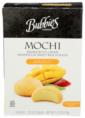 Bubbies Mochi Mango ice cream with fresh mango and rice dough.