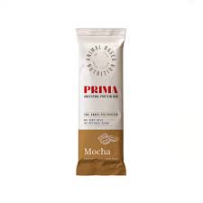 PRIMA Mocha Grass Fed Protein Bar on white background.