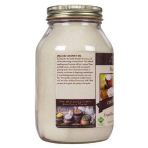 Healthy Roots organic coconut oil in a glass jar with a metal lid.