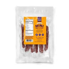 Mini beef sticks Hickory BBQ in clear packaging for healthy snacking.